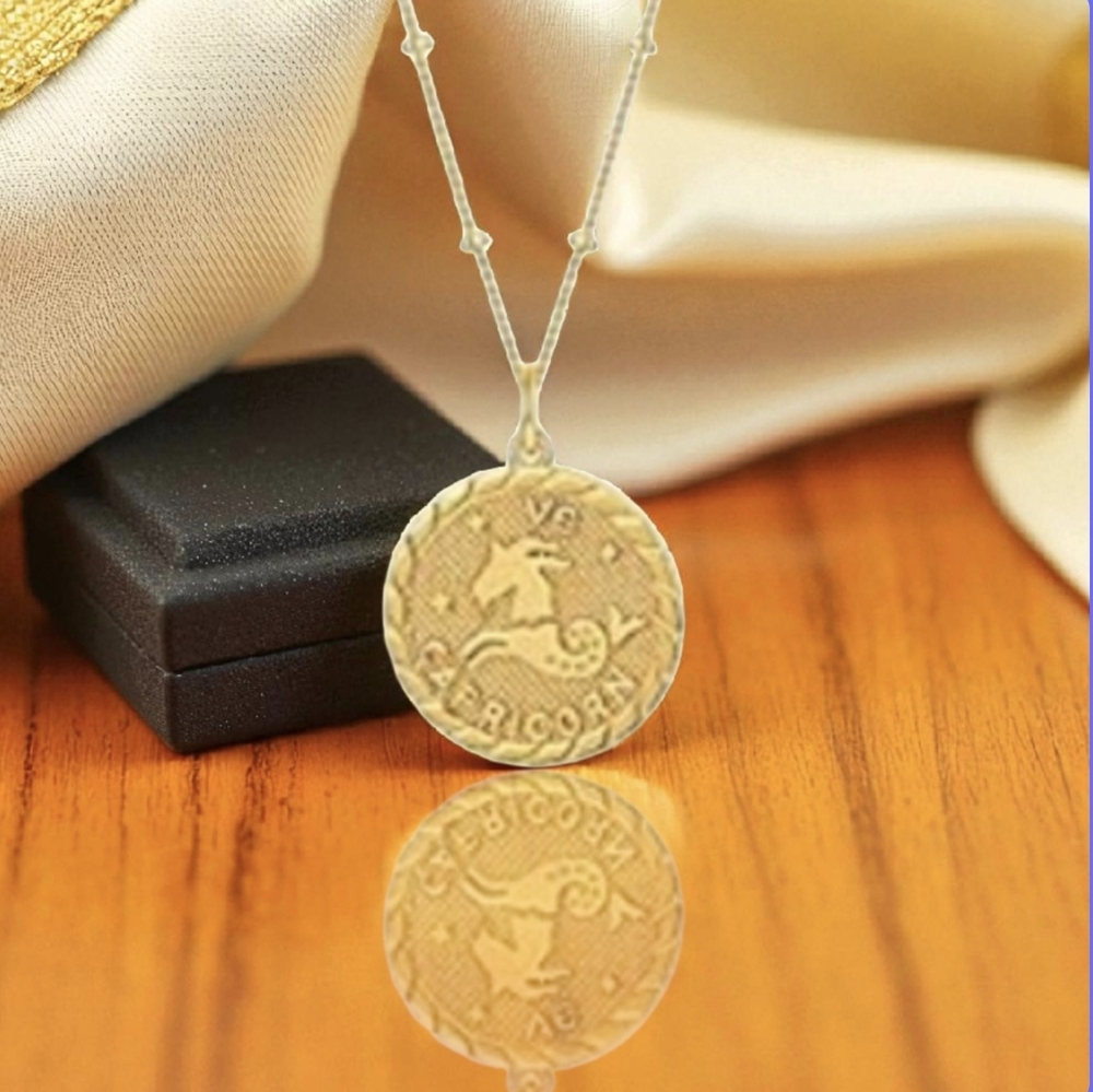 Capricorn Horoscope Astrology Zodiac Necklace Zodiac Pendant Coin W/ Chain Gold